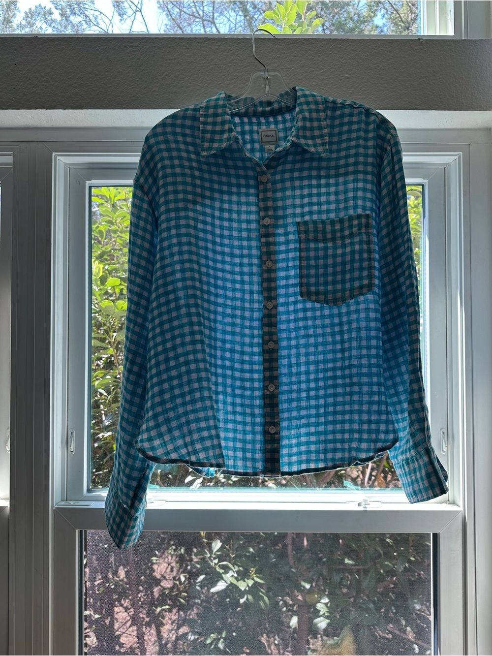 Maeve Linen Teal and White Gingham Button-Down Shirt Women - Picture 7 of 9